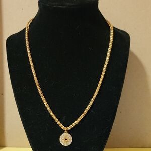 Elegant Gold Tone Compass Star Pendant Necklace With Lobster Clasp & Rhinestones